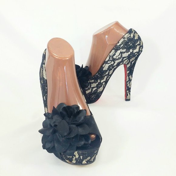 Mojo Moxy Black Floral Lace Platform Stiletto Glitter Heels Size 9 SH1346 - Picture 2 of 8
